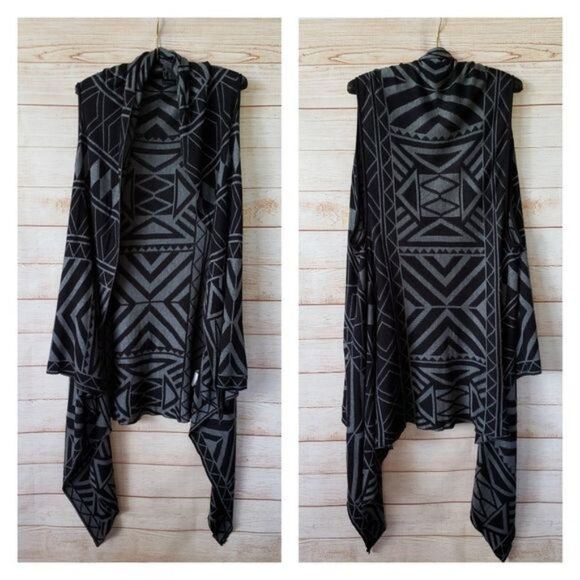 Karen Kane Tribal Open Front Sleeveless Oversized Cardigan Black Grey Size M/L - Picture 1 of 8